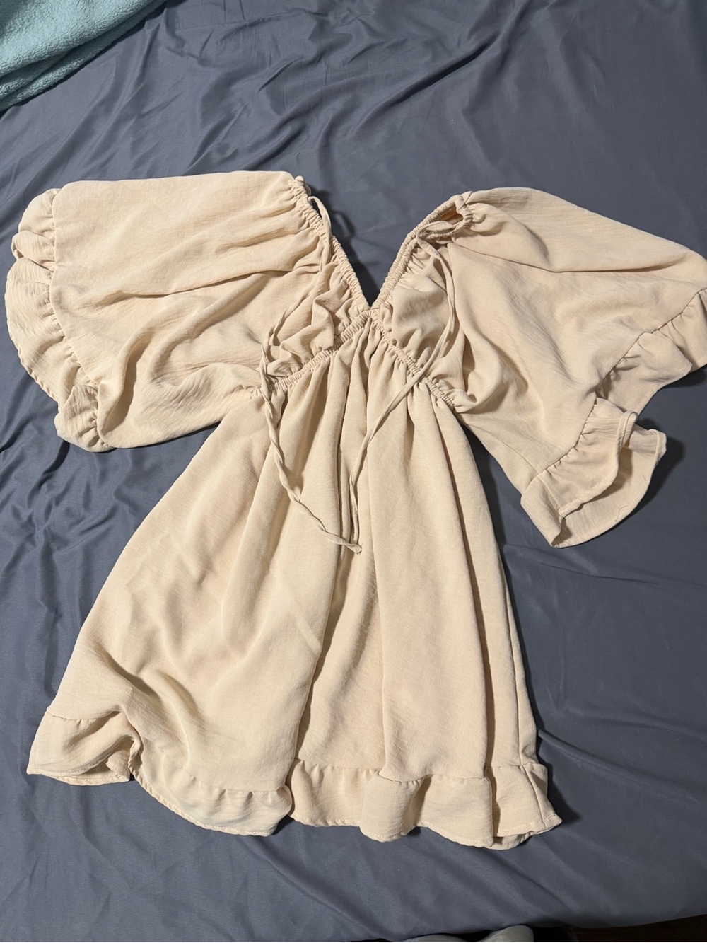 Beige Puff-Sleeve V-Neck Mini Dress